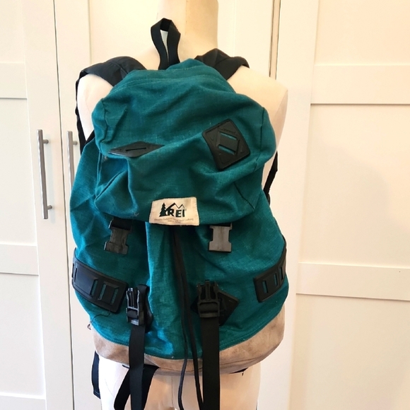 Vtg 70s 80s REI Green/gray LEATHER-PATCH HIKE BACKPACK Outdoor Trail Gear Bag - Picture 1 of 8